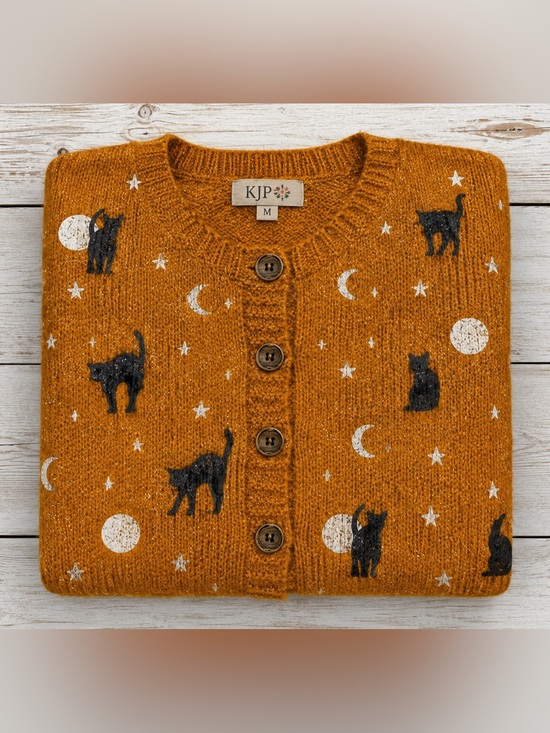 Sweaters - Black Cat Moon & Stars Cardigan Rusty Orange Halloween Sweater